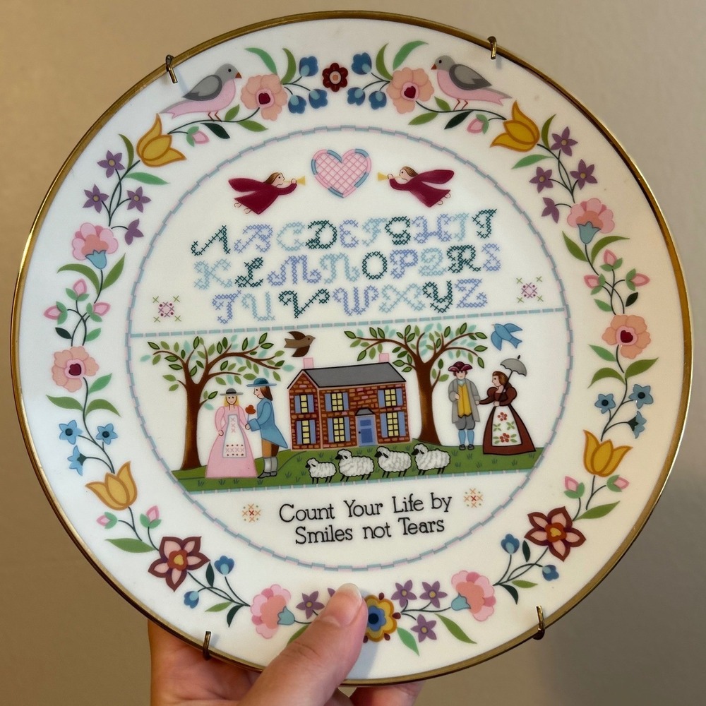 Vintage Wall Plate Cross Stitch Style Jacobean Sampler Plate 1986 Cottagecore